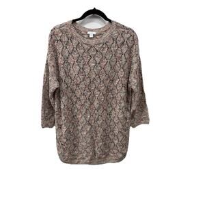 J Jill L Open Knit Crochet Sweater Pebbled Multi Speckled Diamond Pattern